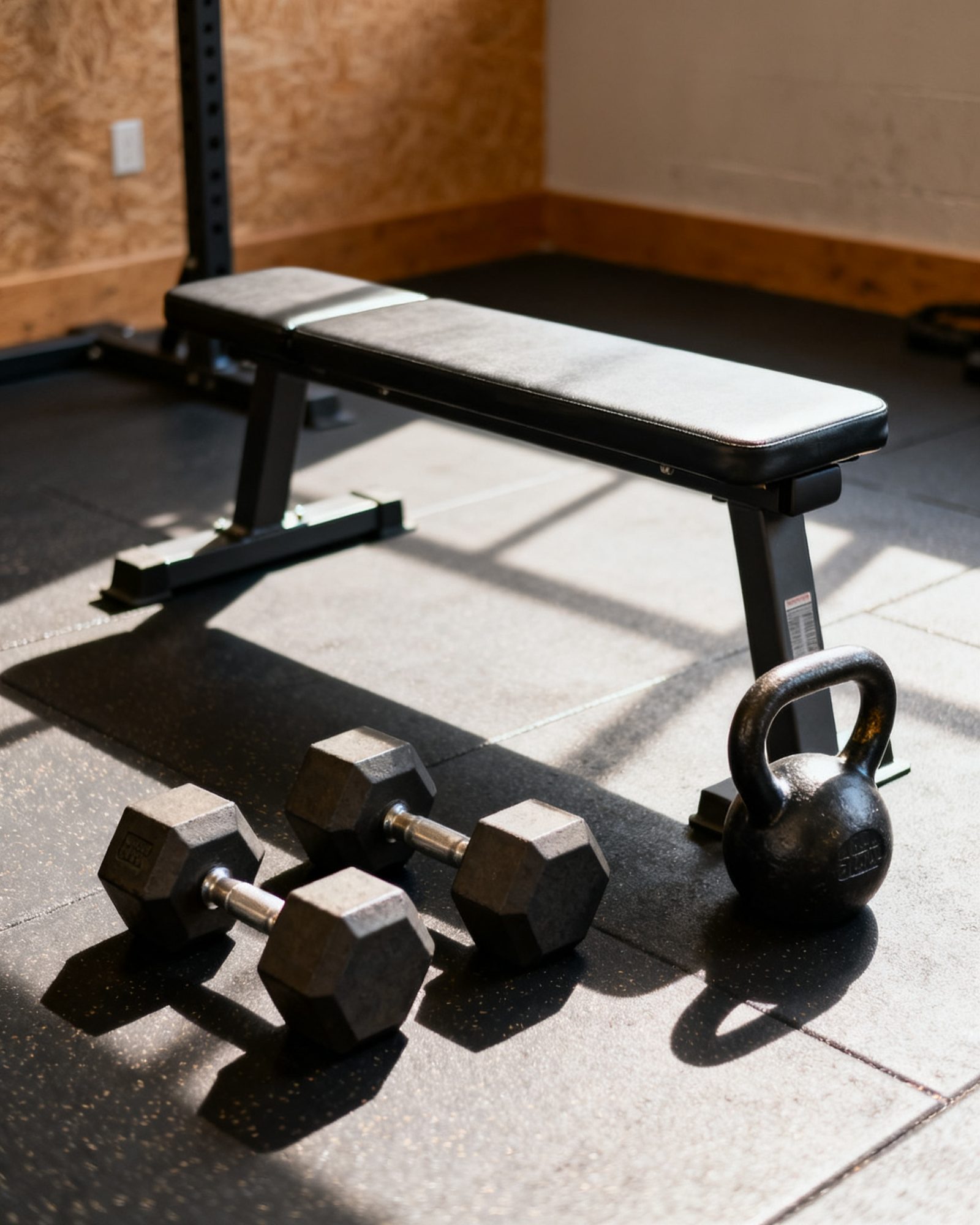 Dumbbells, a kettlebell and a weight bench in a calm, sunlit gym